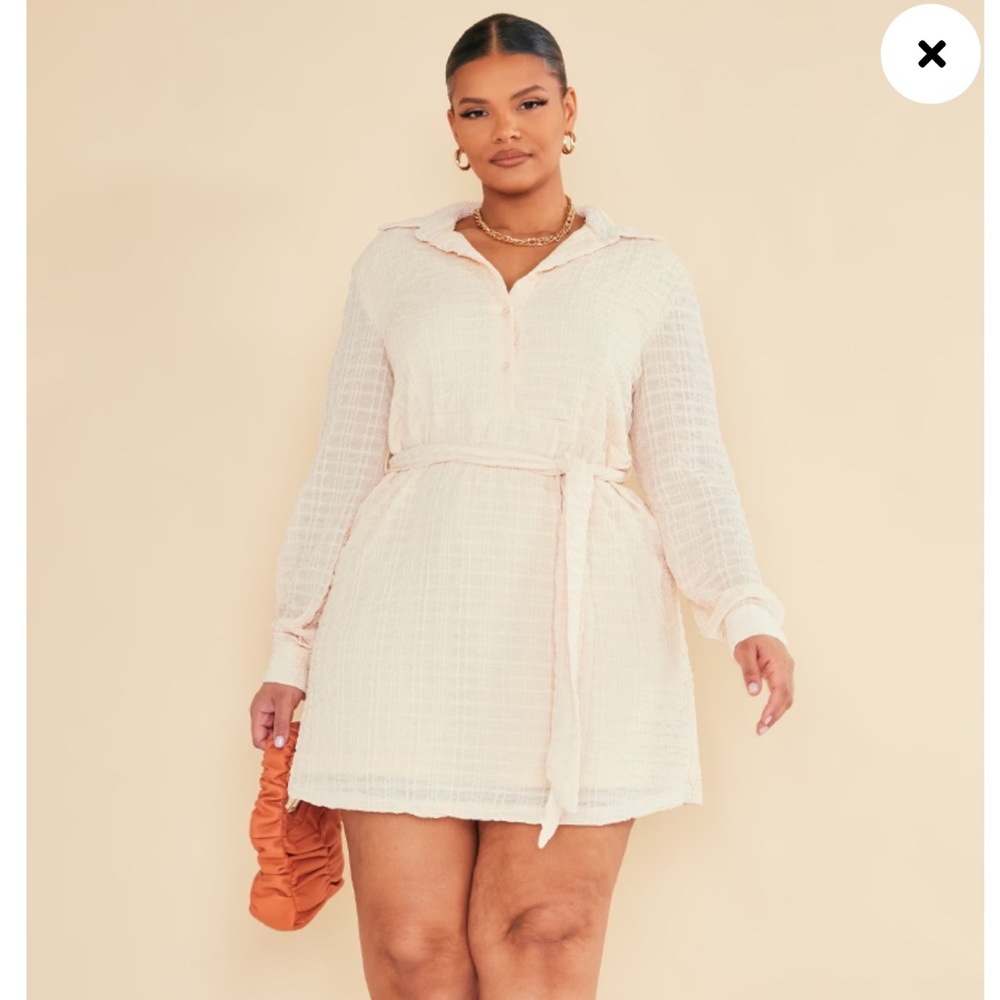 PLT Plus Cream Textured Tie Waist Shirt Dress - Picture 7 of 8
